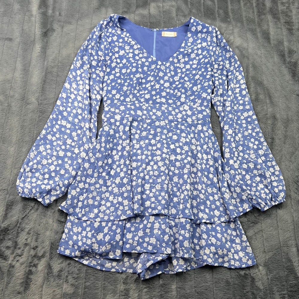 Altard State Blue Floral Long Sleeve Tiered Ruffle Romper Dress KM3488-2-ALT S